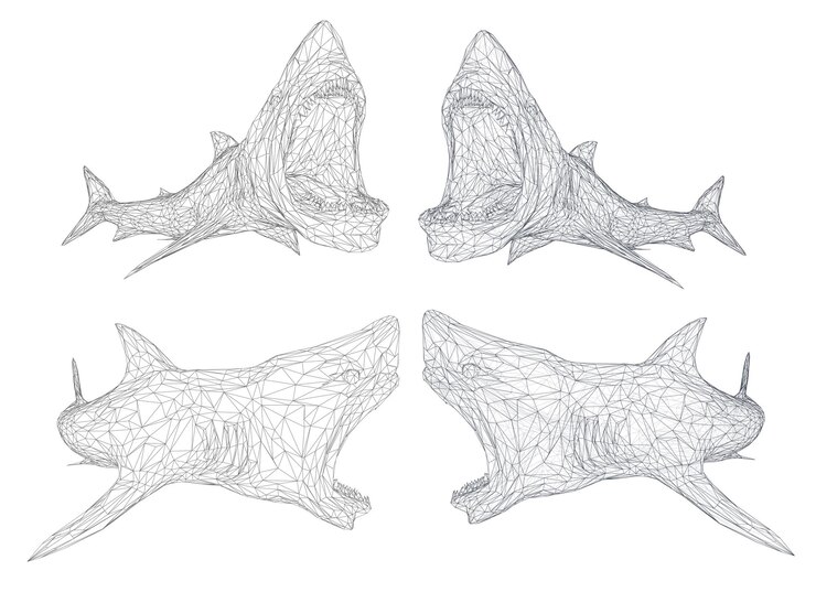 Vector tiburón vector 3d de una cuadrícula triangular. depredador aislado sobre fondo blanco