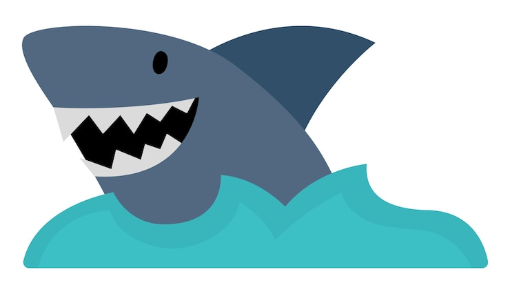 Vector tiburón vectorial e icono de agua linda ilustración de animales marinos imagen de cazador de la isla del tesoro elemento divertido de fiesta pirata para niños imagen de pez aterrador con mandíbulas abiertas con dientes