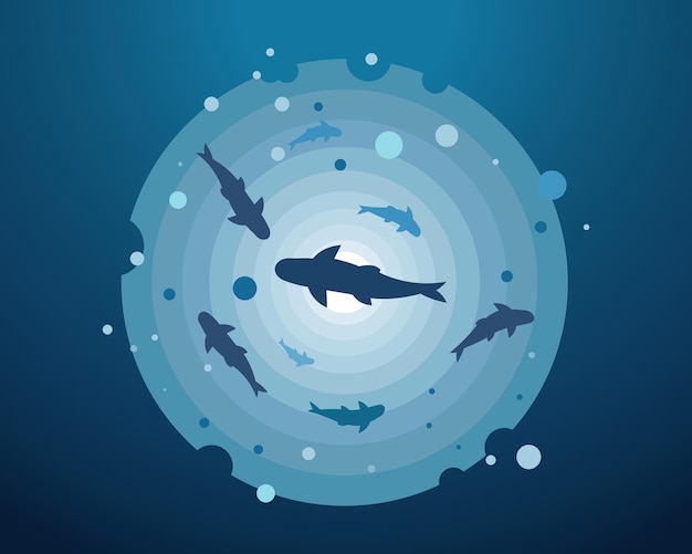 Tiburones marinos en la profundidad del océano, fondo azul con burbujas. Imprimir, ilustración, vector