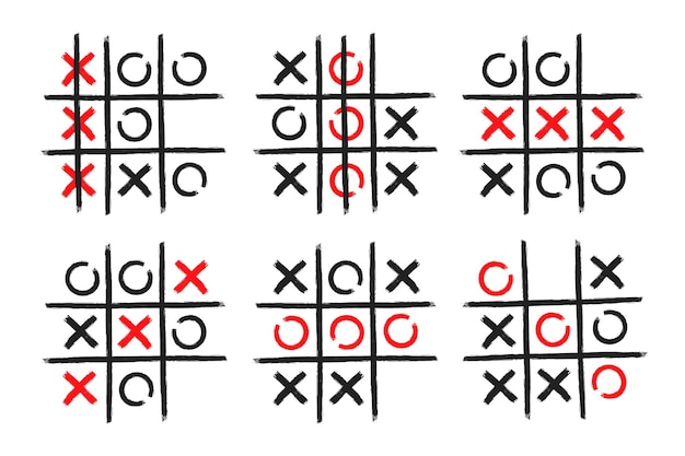 Tic tac toe xo juego dibujado a mano cuadrícula doodle plantilla conjunto de ilustraciones vectoriales