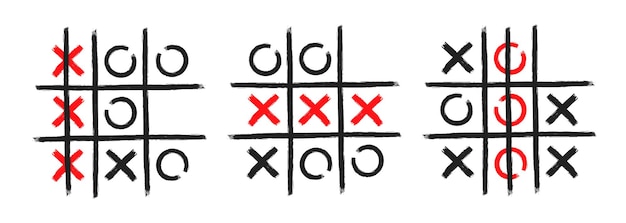 Tic tac toe xo juego dibujado a mano cuadrícula doodle plantilla conjunto de ilustraciones vectoriales