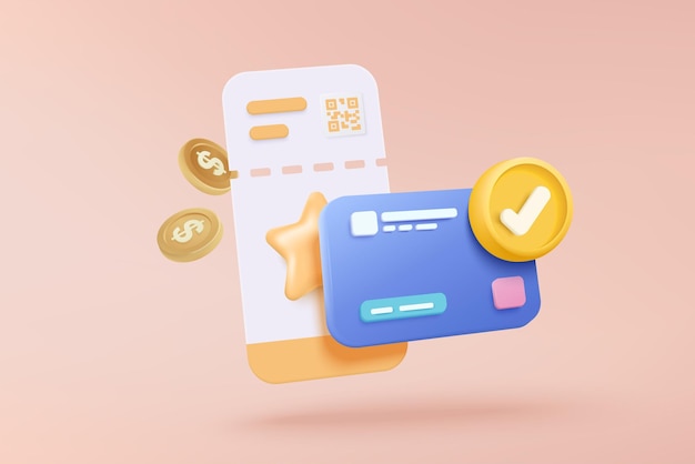 Ticket de cine 3D con pago de dinero en línea Ver películas en el cine Película de medios para entretenimiento Reserva de boletos y pago con tarjeta de crédito Icon de cupón de cine vectorial 3D Ilustración de renderización
