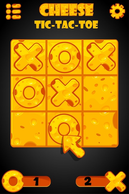 TicTacToe en Cheese estilo juego de interfaz de usuario con flecha del cursor Vector juego de estrategia de dibujos animados ceros y cruces Juego de lógica de tablero para su interfaz de uso de desarrollo de juegos móviles