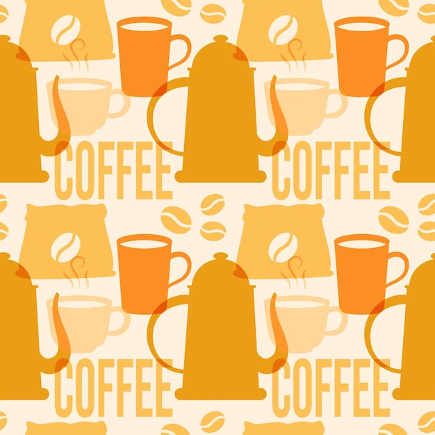 Tiempo de café Diseño de patrón sin costuras con granos de cacao y jarra en ilustración plana de dibujos animados