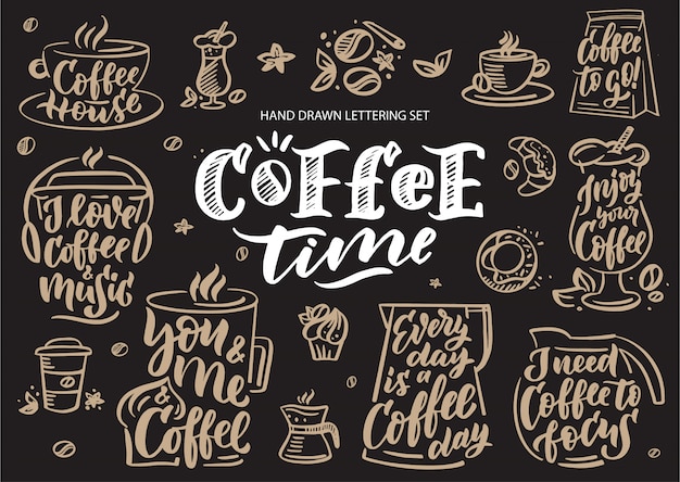 Tiempo de café establecido. logotipo, emblemas, lemas, frases de invitación, tarjeta de felicitación y postal.