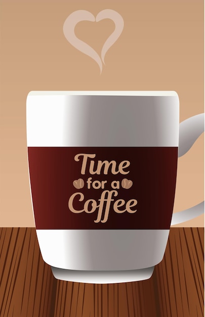 Vector tiempo para un café con letras en taza con corazón.