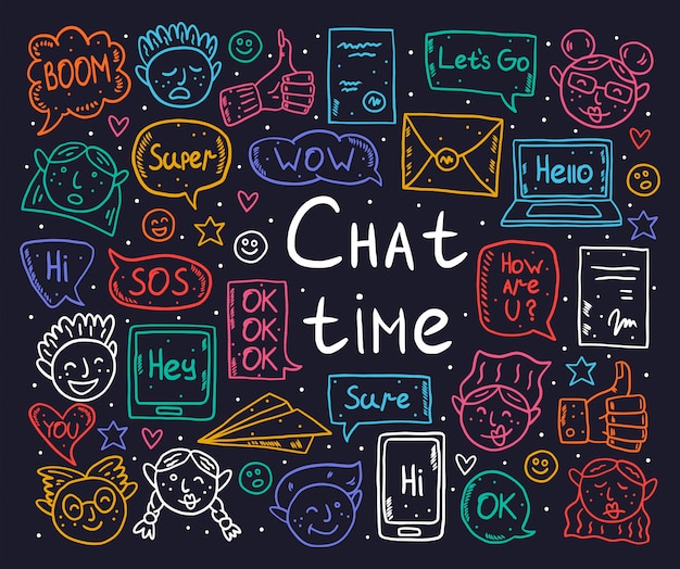 Tiempo de chat de dibujos animados, garabatos, imágenes prediseñadas, conjunto de elementos, pegatinas, iconos. Bocadillo de diálogo, mensaje, emoji, carta, gadget. Diseño monocromático negro.