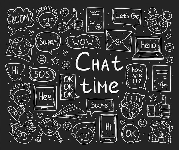 Tiempo de chat diseño de dibujo de tiza, doodle. Bocadillo de diálogo, mensaje, emoji, carta, gadget. Diseño monocromático blanco. Aislado sobre fondo oscuro