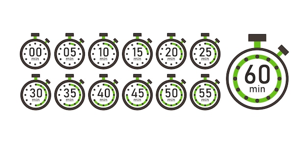 Tiempo de cocción conjunto de iconos de contador de tiempo de 5 minutos a 1 hora cronómetro temporizador reloj vector