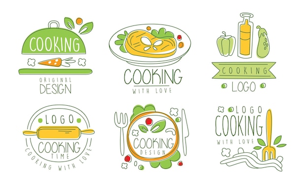 Tiempo de cocción Diseño de logotipo Colección Clase de cocina Cocina Culinaria Insignias dibujadas a mano Ilustración vectorial