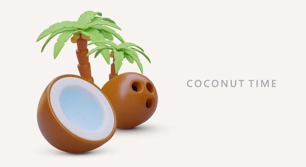 Vector tiempo de coco palmeras realistas cocos maduros vista desde afuera y adentro