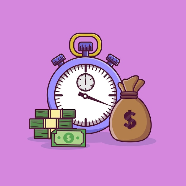 Tiempo dinero ilustración cronómetro bolsa de dinero y pila de monedas concepto de negocio