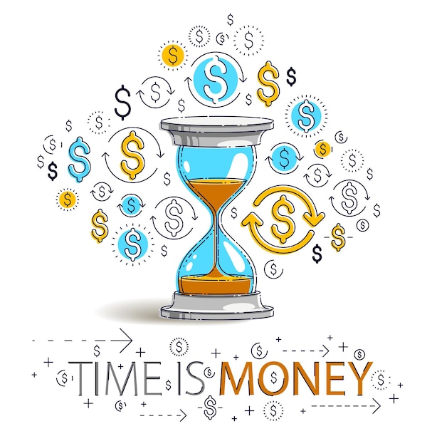El tiempo es concepto de dinero, reloj de arena y conjunto de iconos de dólar, alegoría de fecha límite del temporizador de reloj de arena, diseño vectorial.