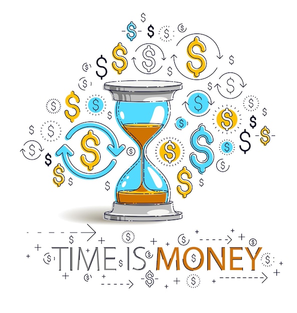 El tiempo es concepto de dinero, reloj de arena y conjunto de iconos de dólar, alegoría de fecha límite del temporizador de reloj de arena, diseño vectorial.