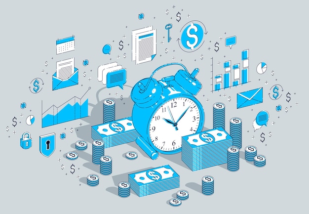 El tiempo es el concepto de dinero, reloj despertador de mesa con montones de dinero en efectivo y montones de monedas aislados en fondo blanco. Ilustración de negocios isométricos vectoriales 3d con iconos, gráficos de estadísticas y elementos de diseño.