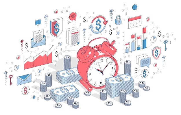 El tiempo es el concepto de dinero, reloj despertador de mesa con montones de dinero en efectivo y montones de monedas aislados en fondo blanco. Ilustración de negocios isométricos vectoriales 3d con iconos, gráficos de estadísticas y elementos de diseño.