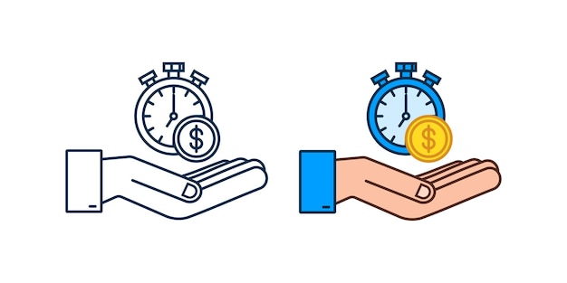 El tiempo es concepto de dinero, reloj y moneda en las manos, inversión financiera a largo plazo. ilustración vectorial.