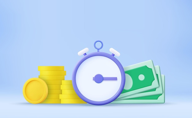 El tiempo es dinero concepto de negocios y finanzas Pago rápido reloj y efectivo préstamo rápido crédito fácil Tiempo ahorro de dinero Temporizador y finanzas Dinero rápido Representación 3d Ilustración vectorial