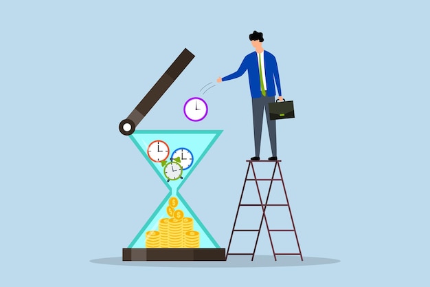 El tiempo es dinero empresario inversor pone piezas de reloj reloj despertador y temporizador en un reloj de arena para hacer que el retorno de la inversión caiga