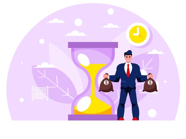 El tiempo es dinero El hombre de negocios tiene dos bolsas de dinero en sus manos El hombre rico El éxito financiero