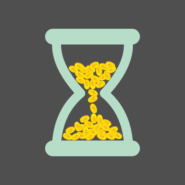 El tiempo es dinero Ilustración abstracta de gestión del tiempo Concepto de negocio de gestión del tiempo Reloj de arena con monedas amarillas con un signo de dólar