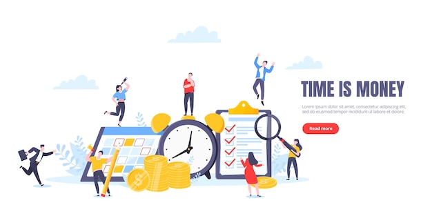 El tiempo es dinero o el concepto de negocio de ahorrar dinero Pequeñas personas que trabajan con el calendario del reloj