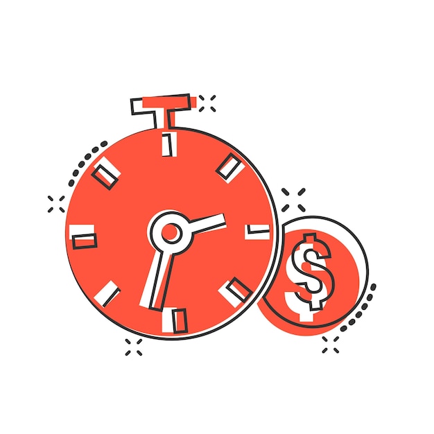 El tiempo es icono de dinero en estilo cómic Reloj con ilustración de vector de dibujos animados de dólar sobre fondo blanco aislado Concepto de negocio de efecto de salpicadura de moneda