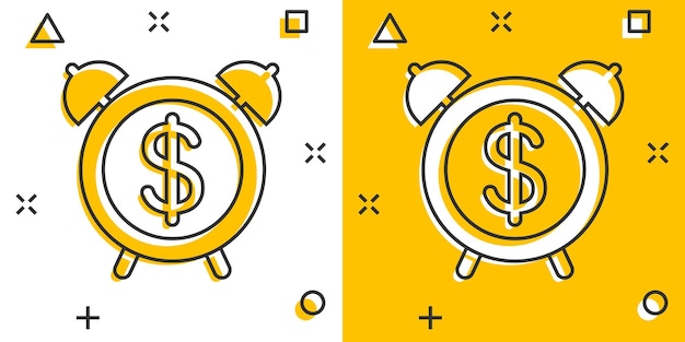 El tiempo es icono de dinero en estilo cómic reloj con ilustración de vector de dibujos animados de dólar sobre fondo blanco aislado concepto de negocio de efecto de salpicadura de moneda