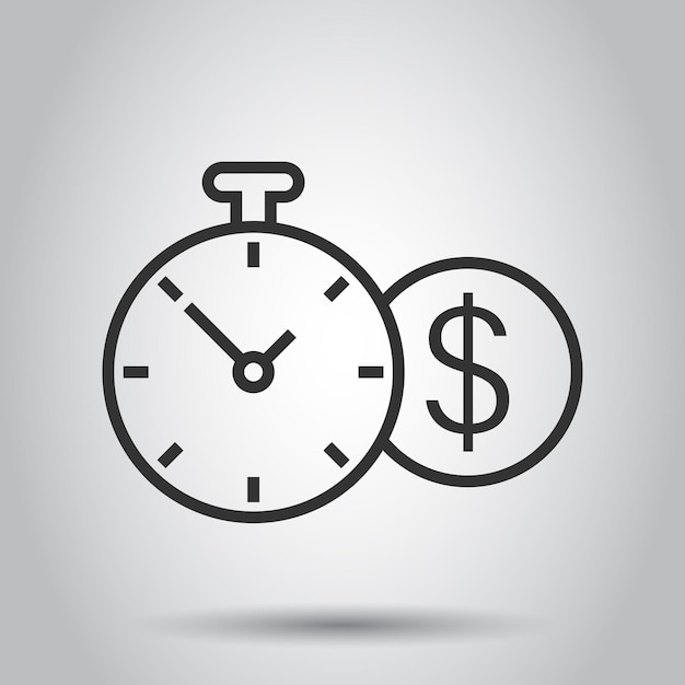 El tiempo es icono de dinero en estilo plano Reloj con ilustración de vector de dólar sobre fondo blanco aislado Concepto de negocio de moneda