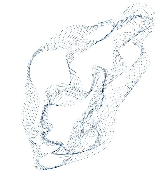 Tiempo de evolución tecnológica, alma de software digital de la máquina, retrato de vector de cabeza humana hecho de partículas punteadas que fluyen en líneas de formas de onda. Hermosa ilustración futurista.