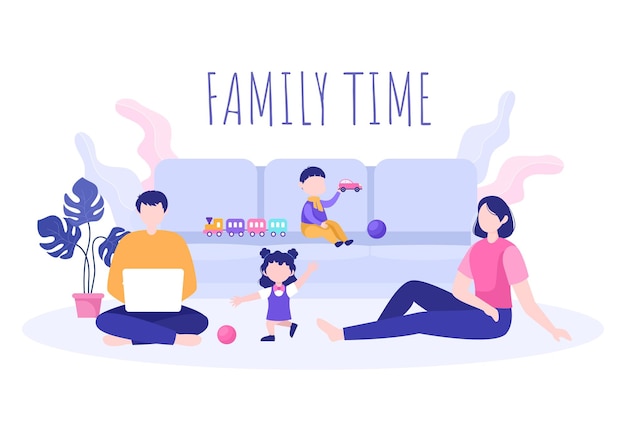 Tiempo en familia de padres e hijos alegres que pasan tiempo juntos en casa haciendo varias actividades relajantes en dibujos animados ilustración plana para póster o fondo