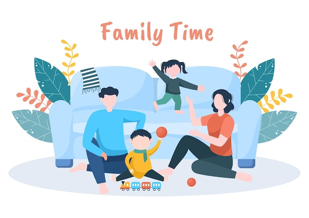 Vector tiempo en familia de padres e hijos alegres que pasan tiempo juntos en casa haciendo varias actividades relajantes en dibujos animados ilustración plana para póster o fondo