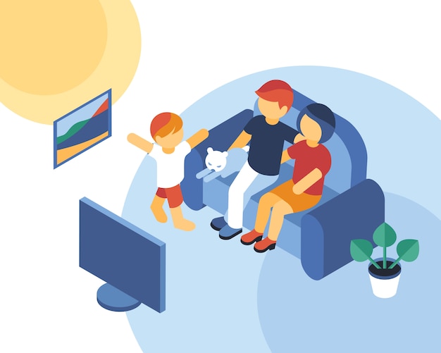 Tiempo familiar isométrico juntos viendo infografías de televisión
