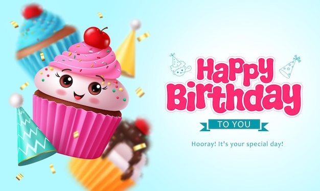 Tiempo de fondo vectorial de la tarta de cumpleaños feliz Título de saludo de cumpleañas con personaje de tarta de fresa