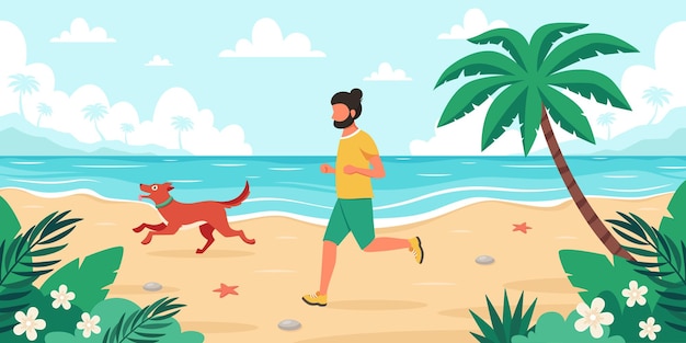 Tiempo libre en la playa hombre corriendo con perro horario de verano