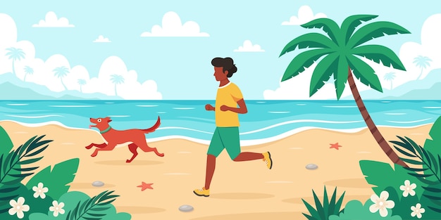 Tiempo libre en la playa Hombre negro trotar con perro Horario de verano