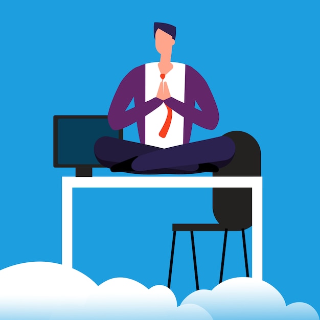 Vector tiempo de meditación en el trabajo. el hombre está meditando sobre la ilustración de vector de escritorio