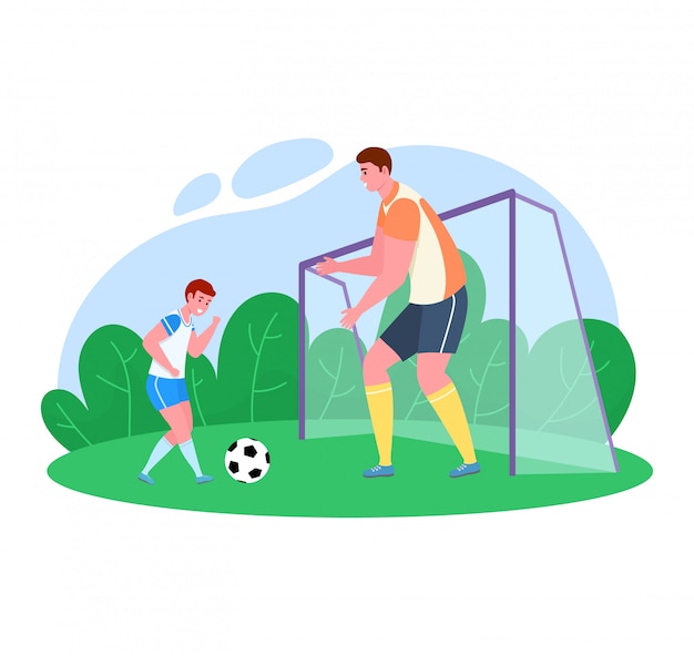 Tiempo del padre con la ilustración del hijo, papá de dibujos animados jugando al fútbol con un niño en el campo de fútbol de hierba verde sobre blanco