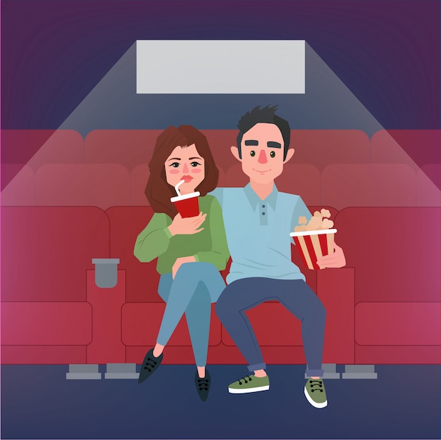 Vector tiempo de película. joven pareja en el cine con palomitas y soda