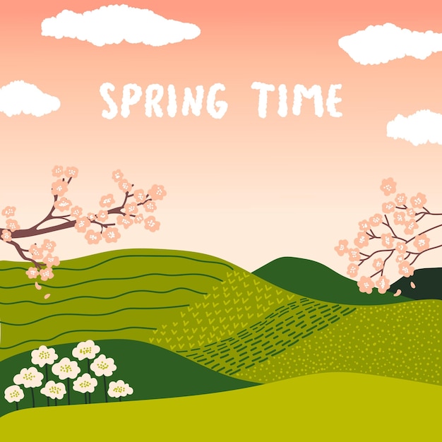Tiempo de primavera. Colinas verdes, sakura, ramas y líneas de árboles florecientes, curvas. Paisaje vectorial, borde, marco.