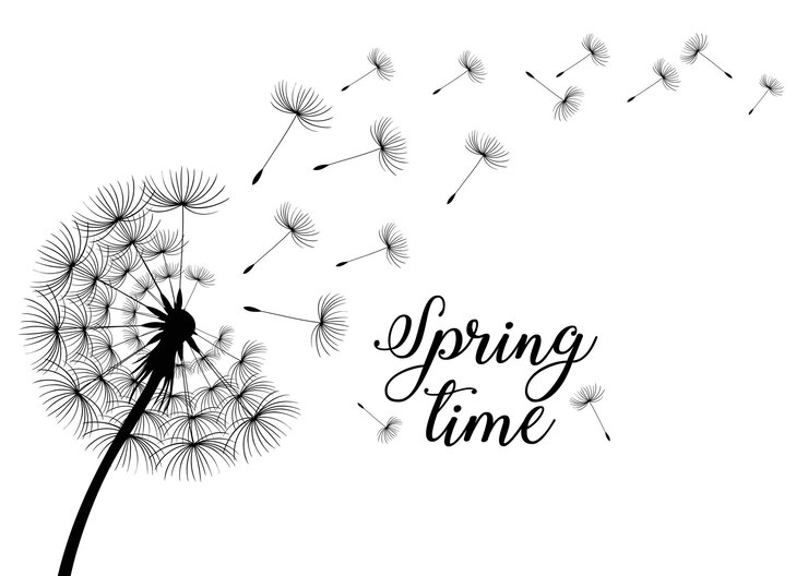 Vector tiempo de primavera flying golpe jaramago brotes negro decoración al aire libre en blanco