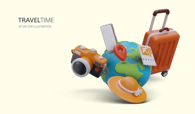 Tiempo para la recreación activa Viajar por el mundo fácil y cómodamente Elija una ubicación interesante y un vuelo barato Publicidad brillante de la aplicación de viaje Globo 3D maleta cámara sombrero boleto teléfono