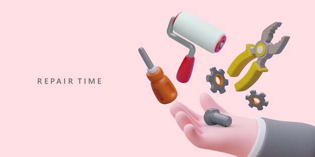 Tiempo de reparación La mano 3D sostiene herramientas para reparación y construcción
