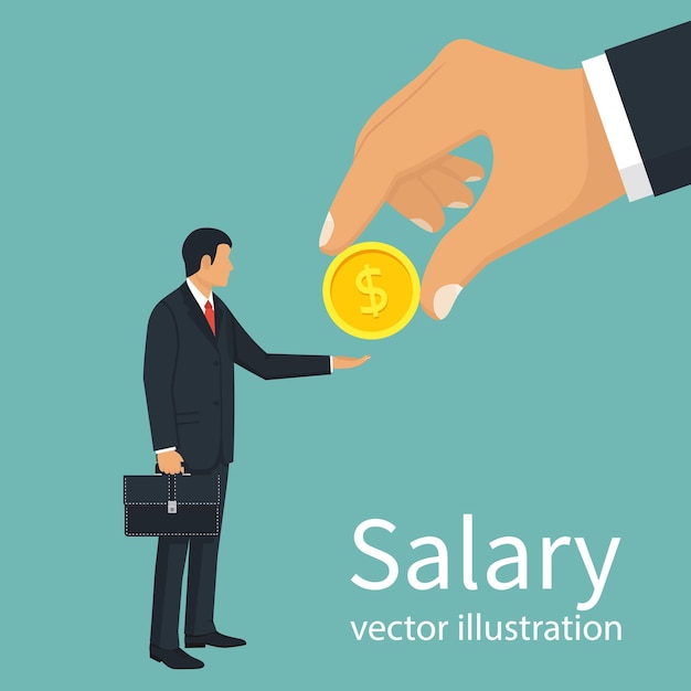 Tiempo de salario el jefe que sostiene una moneda en la mano le da al trabajador mano humana buscando dinero empleador y personal diseño plano de ilustración vectorial aislado en el fondo tirar de una mano la gente está en línea