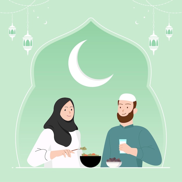 Tiempo de suhoor en el mes de Ramadán Ilustración de una pareja comiendo suhoor juntos