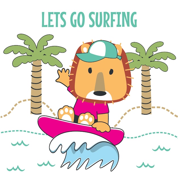 Tiempo de surf con un lindo león en verano. Se puede utilizar para imprimir camisetas. Los niños usan diseños de moda, tarjetas de invitación para baby shower y otras decoraciones.