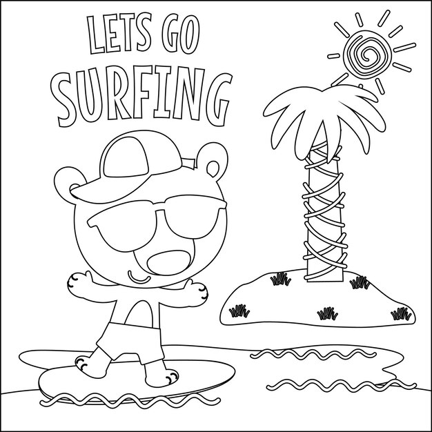Tiempo de surf con lindo tigre pequeño en el libro o página de color de verano
