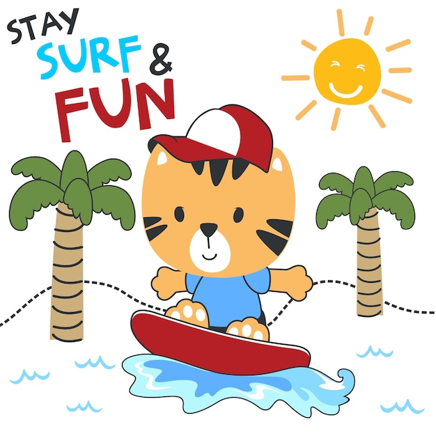 Tiempo de surf con un lindo tigre en verano. Se puede usar para imprimir camisetas. Los niños usan diseños de moda, tarjetas de invitación para baby shower y otras decoraciones.
