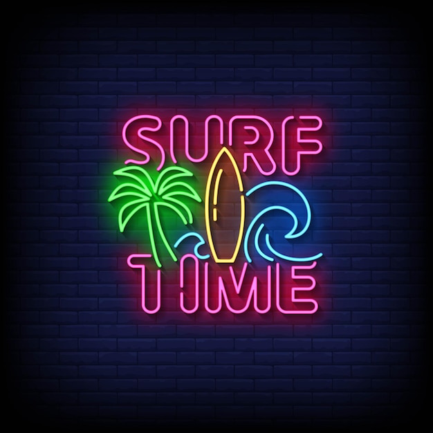 Tiempo de surf de señales de neón con vector de fondo de pared de ladrillo
