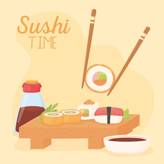 Tiempo de sushi, palillos con salsa de soja roll y varios rollos de ilustración